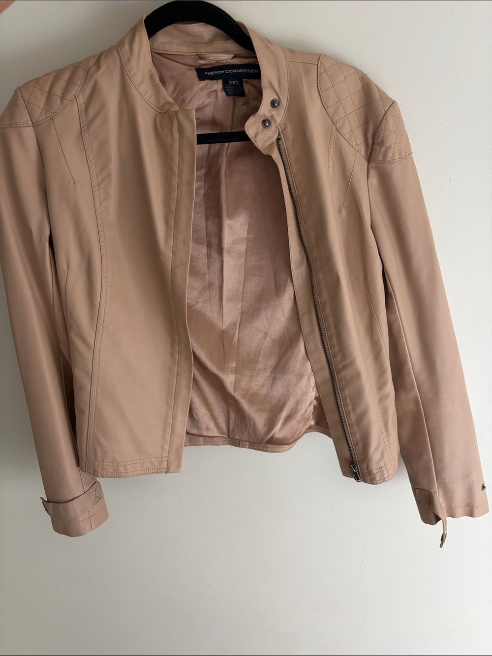 French Connection Light Beige Moto-Style Leather Jacket